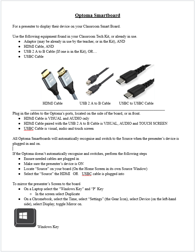 A digital document titled Optoma Smartboard, listing equipment like HDMI and USB cables and instructions for classroom displays.